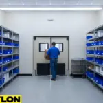 Staff member moving through swinging doors while accessing equipment storage shelves