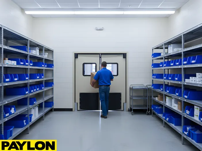 Staff member moving through swinging doors while accessing equipment storage shelves