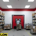 Staff pushing a red double swinging door in mail room, carts loaded with packages, clear pathway