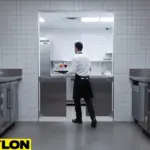 Stainless steel swinging doors separating back prep area from front bar in a high-traffic commercial bar kitchen.