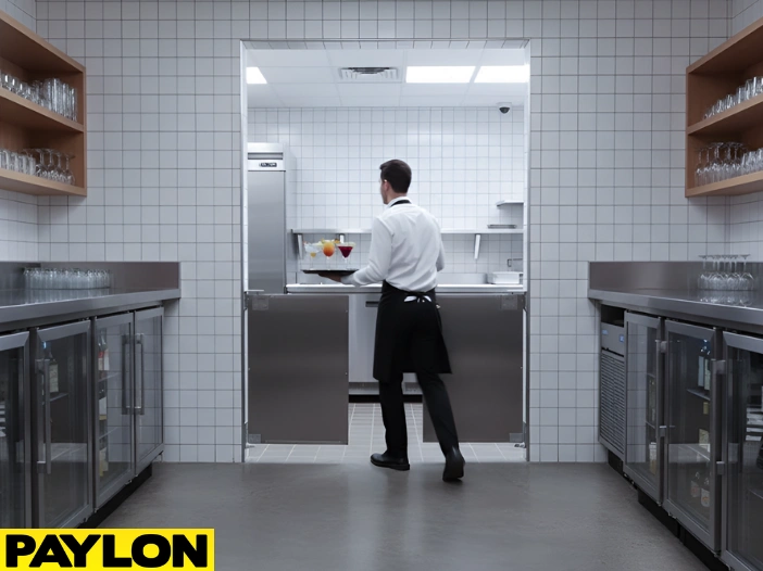 Stainless steel swinging doors separating back prep area from front bar in a high-traffic commercial bar kitchen.