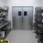Stainless steel swinging doors in a commercial kitchen staff area with shelving and prep equipment
