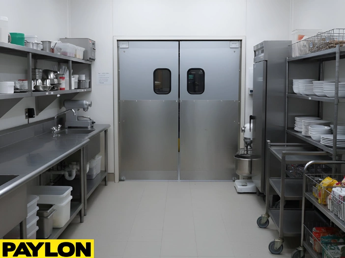 Stainless steel swinging doors in a commercial kitchen staff area with shelving and prep equipment