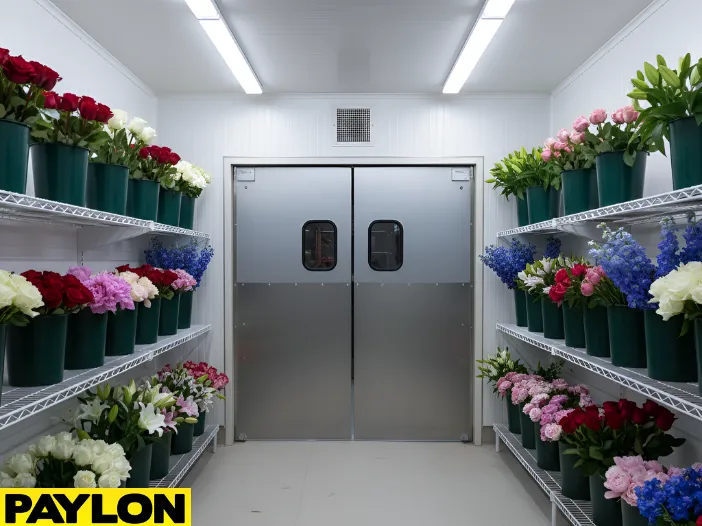 Stainless steel swinging doors used in a walk-in floral cooler for frequent access