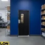 Swinging door between printing work area and storage shelves in a print production room