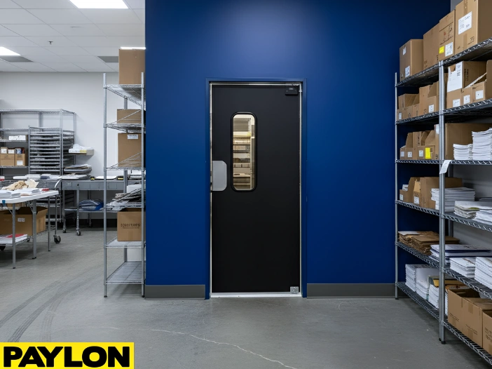 Swinging door between printing work area and storage shelves in a print production room