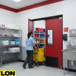 Swinging door separating cleaning zones with carts and supplies in a busy cleaning room