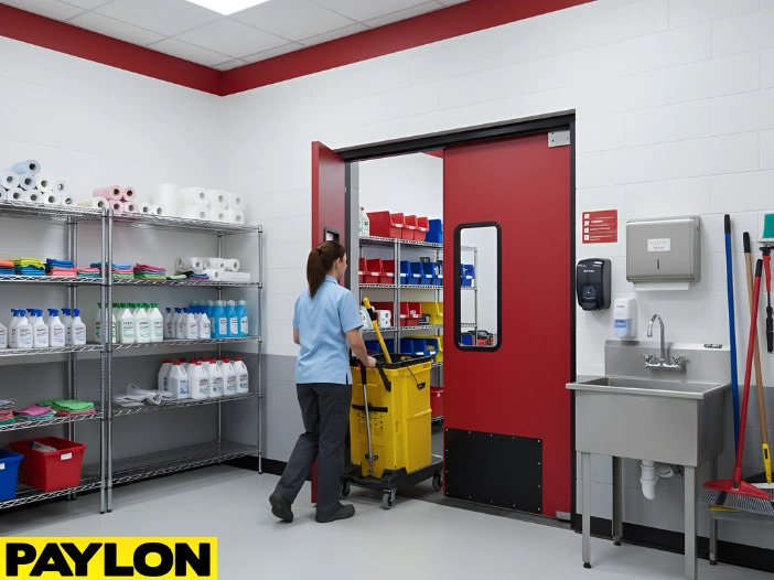 Swinging door separating cleaning zones with carts and supplies in a busy cleaning room