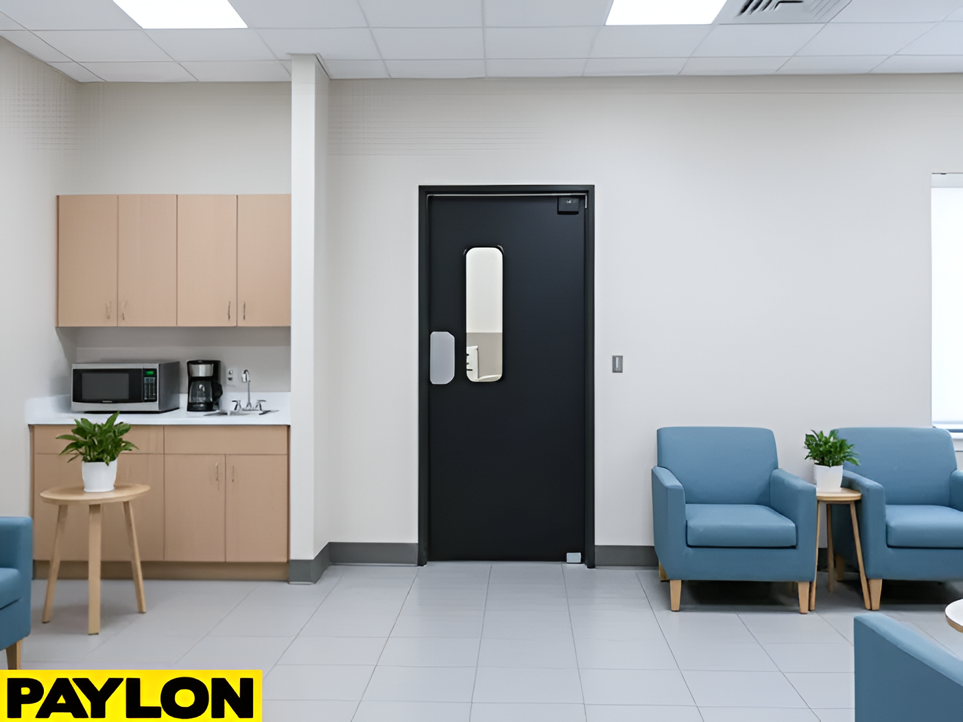 Swinging door used to control access between an exhibit room and adjacent space