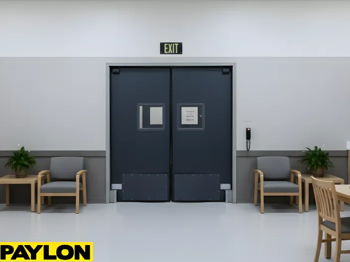 Swinging doors installed at an exhibit room exit to support controlled visitor movement