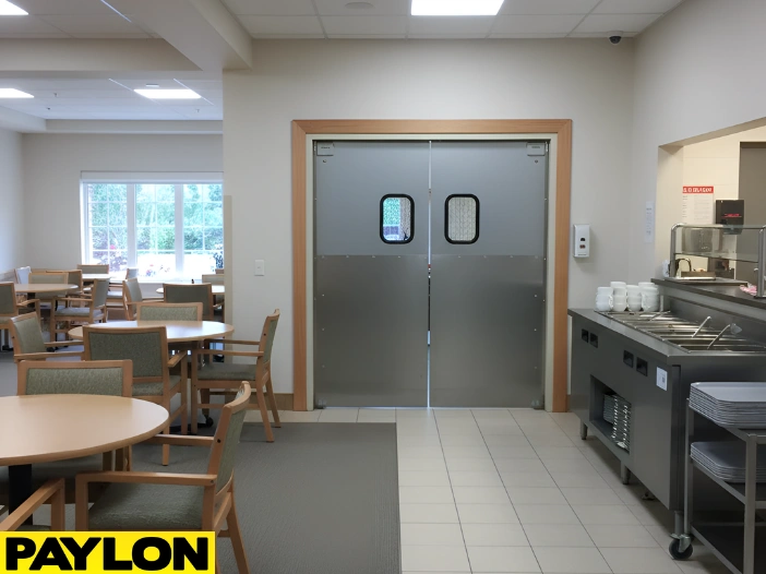 Swinging doors separating a nursing home dining area to support safe meal service flow