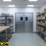 Swinging doors separating print storage and packaging areas in an industrial printing room