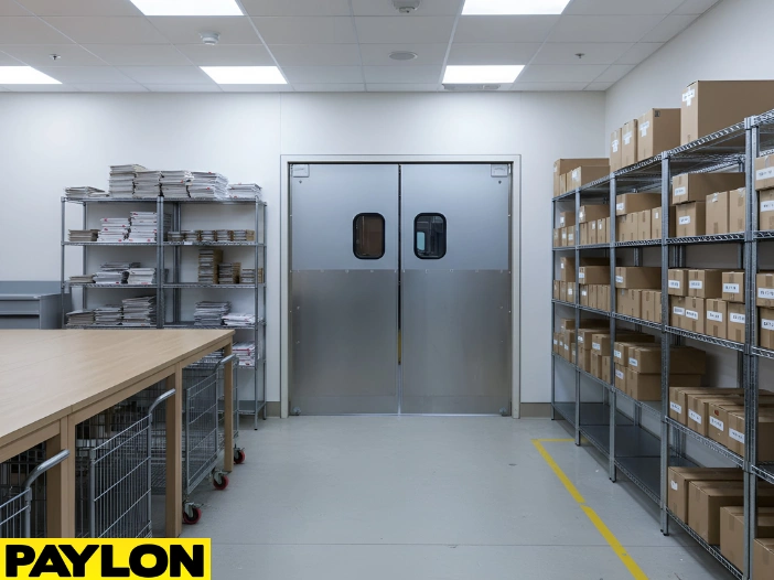 Swinging doors separating print storage and packaging areas in an industrial printing room