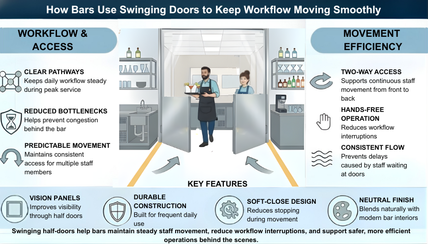 Swinging half-doors in a bar environment, illustrating clear workflow, hands-free operation, and consistent flow with key features like vision panels, soft-close design, and durable construction