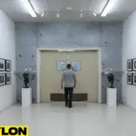 Visitor approaching gallery entrance swinging doors during active visiting hours