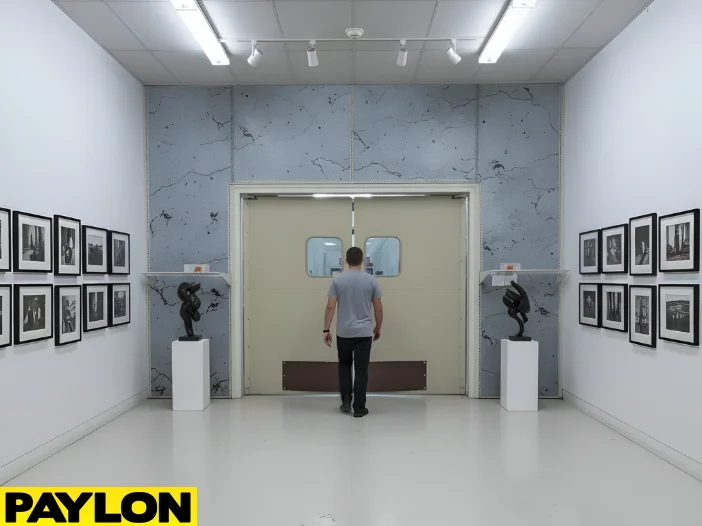 Visitor approaching gallery entrance swinging doors during active visiting hours