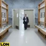 Visitor walking through exhibit room swinging doors between display areas