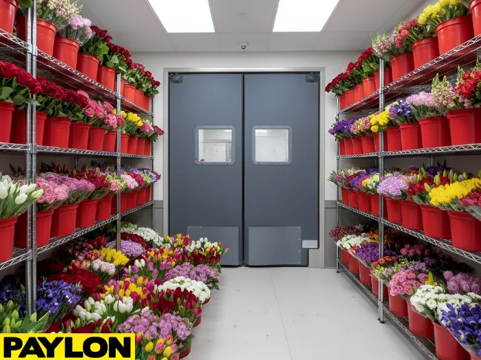 Walk-in floral cooler aisle with flower buckets on both sides and durable cooler doors at the entrance