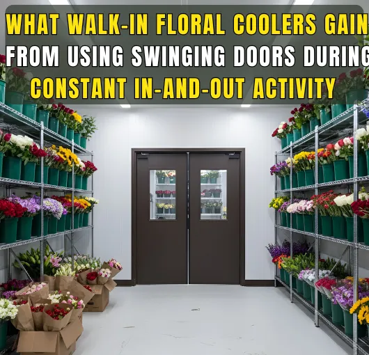 Walk-in floral cooler using swinging doors to support constant in-and-out activity