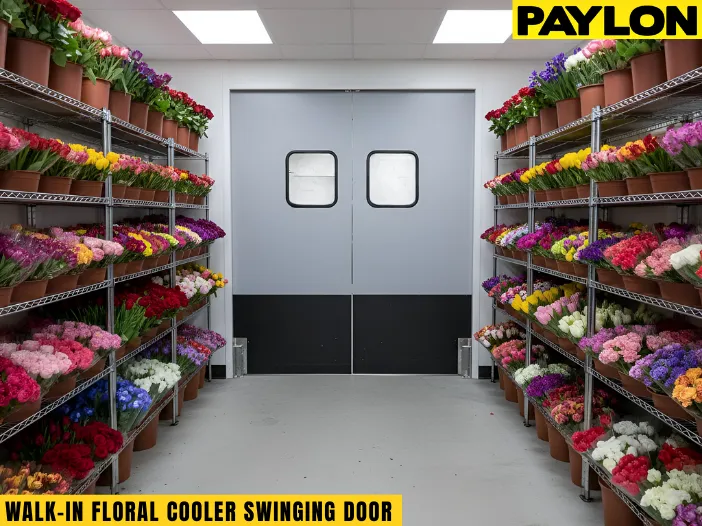 Walk-in floral cooler with organized flower buckets and double cooler doors supporting daily in-and-out activity
