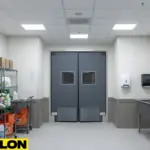 Wide swinging doors in a cleaning room corridor designed for frequent daily use