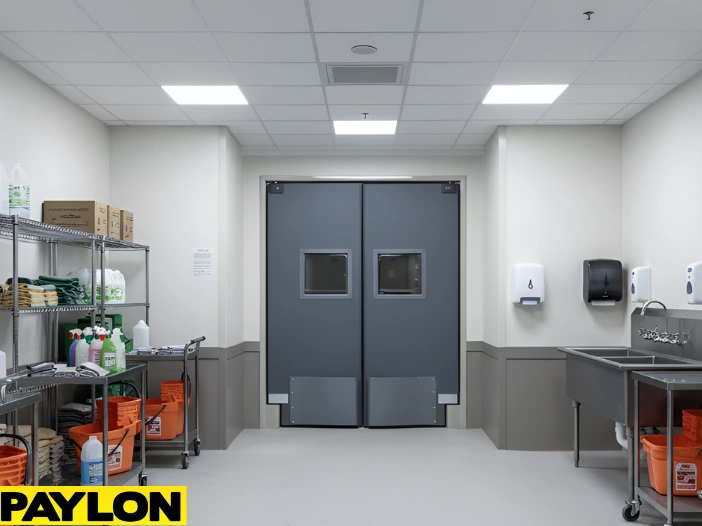 Wide swinging doors in a cleaning room corridor designed for frequent daily use