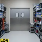 Wide swinging doors in an equipment storage room designed for larger items and frequent access