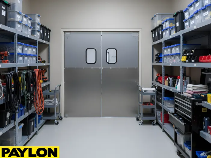 Wide swinging doors in an equipment storage room designed for larger items and frequent access