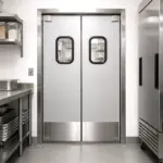 A heavy-duty swinging door built to handle high foot traffic in an industrial or commercial facility.