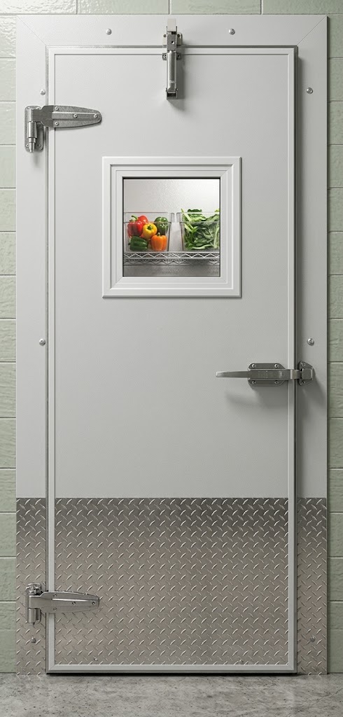PAYLON AI cooler swinging door installed at a refrigerated storage room entrance in a commercial facility.