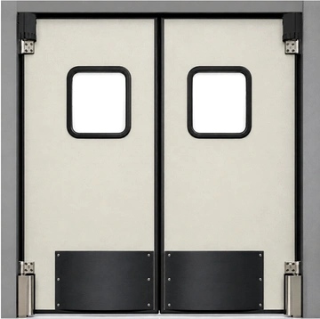 A polyethylene impact swinging door suitable for high-traffic industrial or commercial doorways.