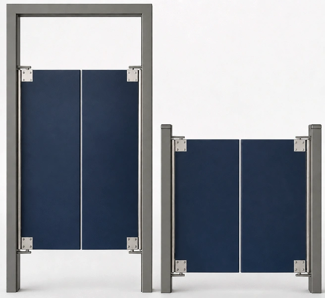 Cafe style swinging doors installed in a commercial kitchen pass-through opening.