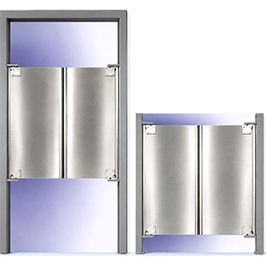 A polyethylene swinging door with an aluminum frame and clear panel, suitable for industrial or commercial doorways.