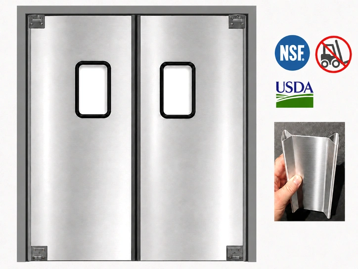 A PE ALC swinging door installed in a restaurant setting, suitable for kitchen and dining area pass-throughs.