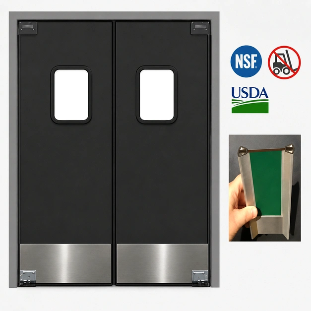 HPL swinging door installed in a commercial restaurant kitchen or dining area passthrough.