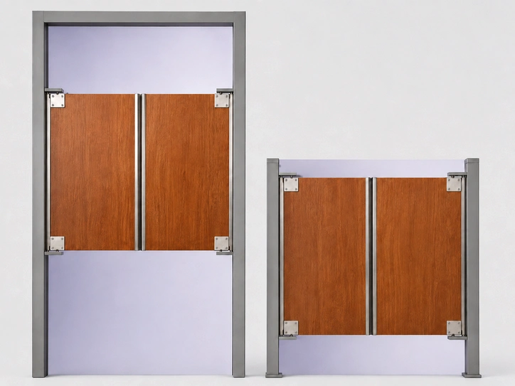 HPL cafe-style swinging doors installed in a commercial or industrial doorway, shown from the front.