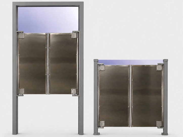 Stainless steel cafe swinging doors installed in a commercial setting, suitable for kitchens and food service areas.