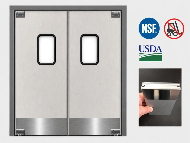 A PE swinging door installed in a restaurant setting, suitable for kitchen or service area pass-through use.