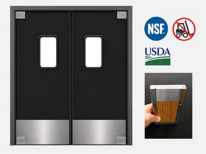 A PE and HPL swinging door installed in a restaurant kitchen or service area passthrough.