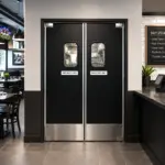 HPL swinging door installed in a commercial kitchen pass-through or service area.