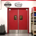 Custom HPL swinging door installed at the entrance of a retail store.