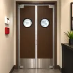 A double-action HPL swinging door installed in a restaurant kitchen or service entry.
