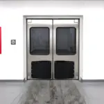 Durable swinging doors installed in a high-traffic commercial or industrial facility doorway.