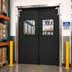Flexible PVC swinging door installed at a commercial cooler or freezer entrance in a food storage facility.
