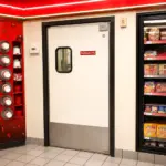 A heavy duty swinging door suited for food service environments such as commercial kitchens and food processing facilities.