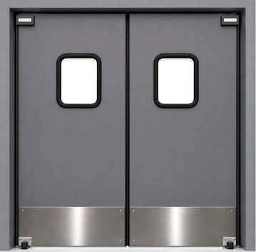 A polyethylene impact swinging door suitable for high-traffic industrial or commercial doorways.