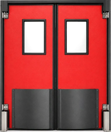 PAYLON PE impact swinging door mounted in an industrial facility doorway, suited for high-traffic forklift and pedestrian passages.