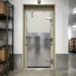 An insulated swinging door for commercial or industrial use, suited for temperature-controlled environments.