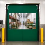 A PE flexible PVC swinging door suitable for industrial or commercial facility doorways.