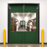 PE PVC swinging door installed in a bakery processing plant for hygienic traffic flow between work areas.
